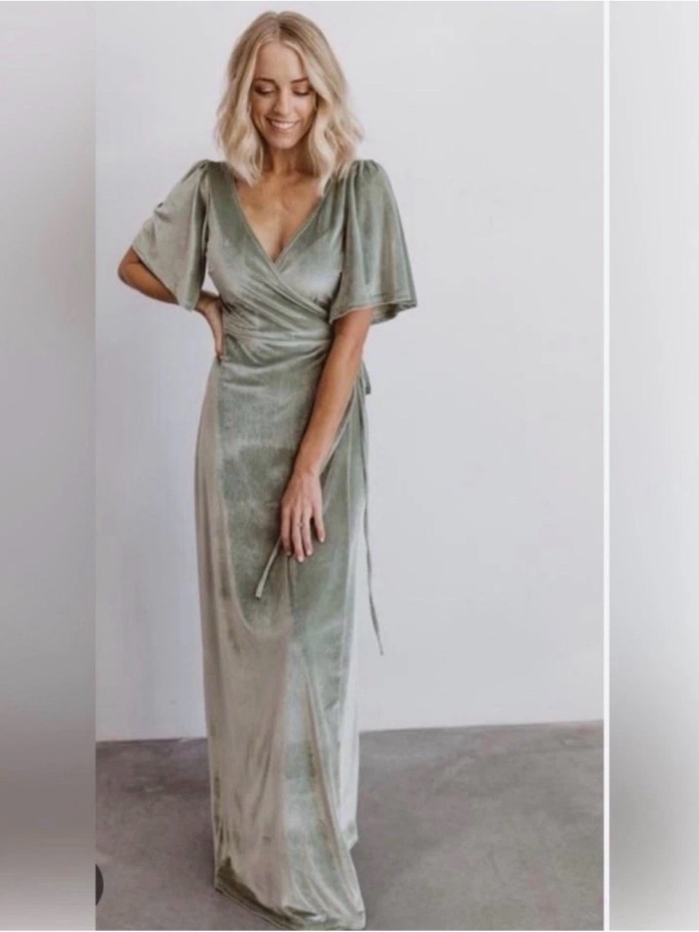 Baltic Born Meghan Velvet Wrap Maxi Dress Sage Green Flutter Sleeve Size L EUC
